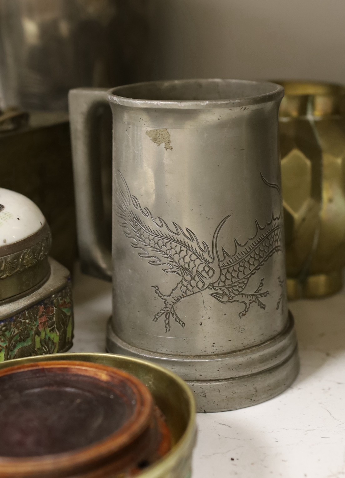 A selection of miscellaneous items, to include Chinese pewter and bronze vessels, two embroidered panels, a carving set, etc.